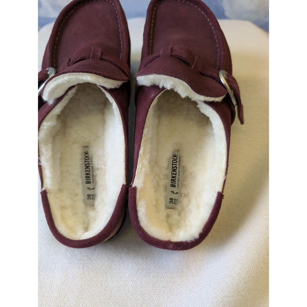 NEW! Birkenstock Women's 7 ' Buckley' Suede Shearling Clog Burgandy $180 - Picture 7 of 10